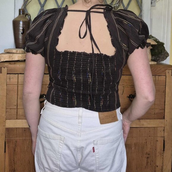 🍄 50% OFF - Free People Corset Top Brown Espresso Bean Striped Shirt Blouse - Picture 4 of 15